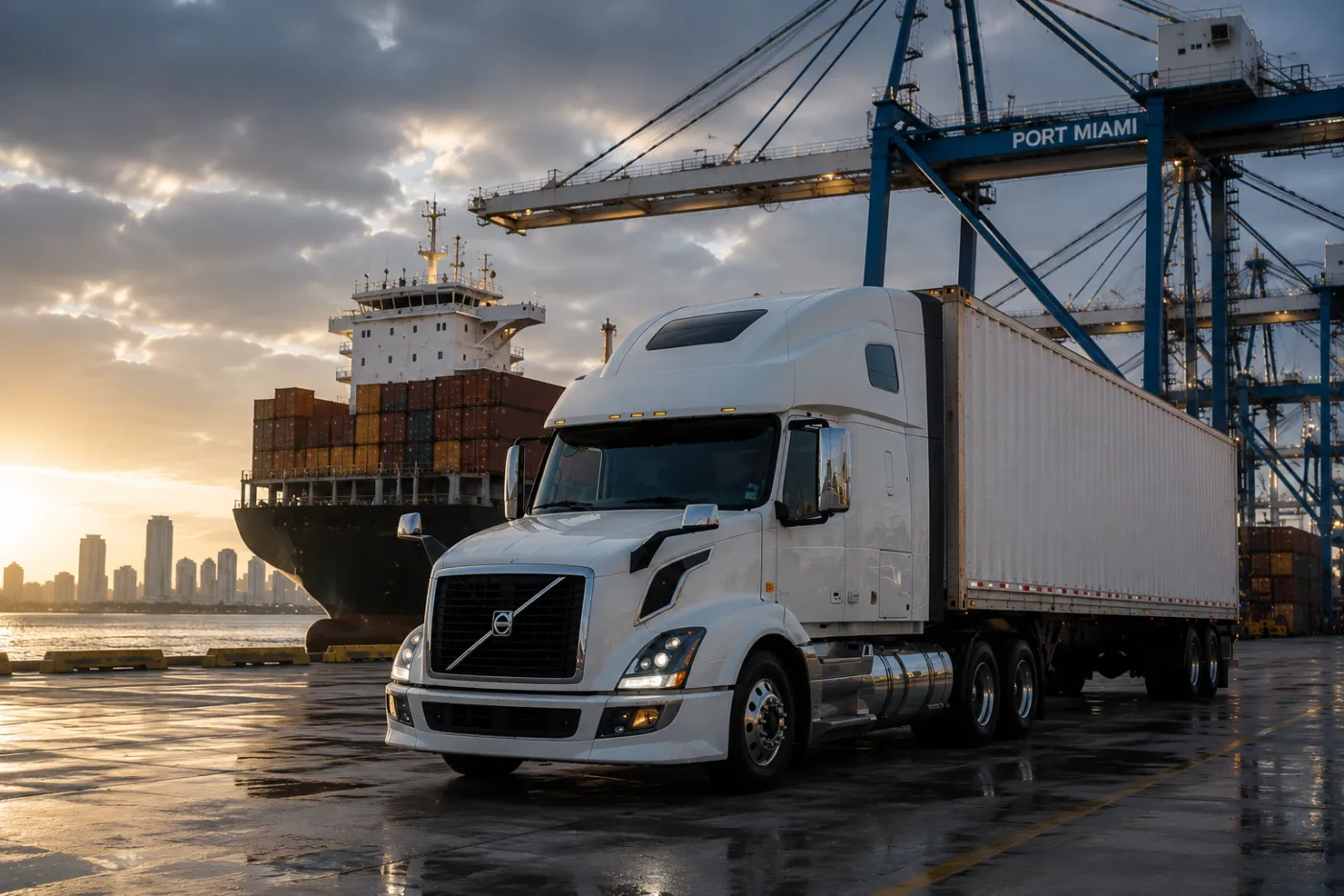 OnTrak drayage truck hauling an ocean container from a Florida port terminal