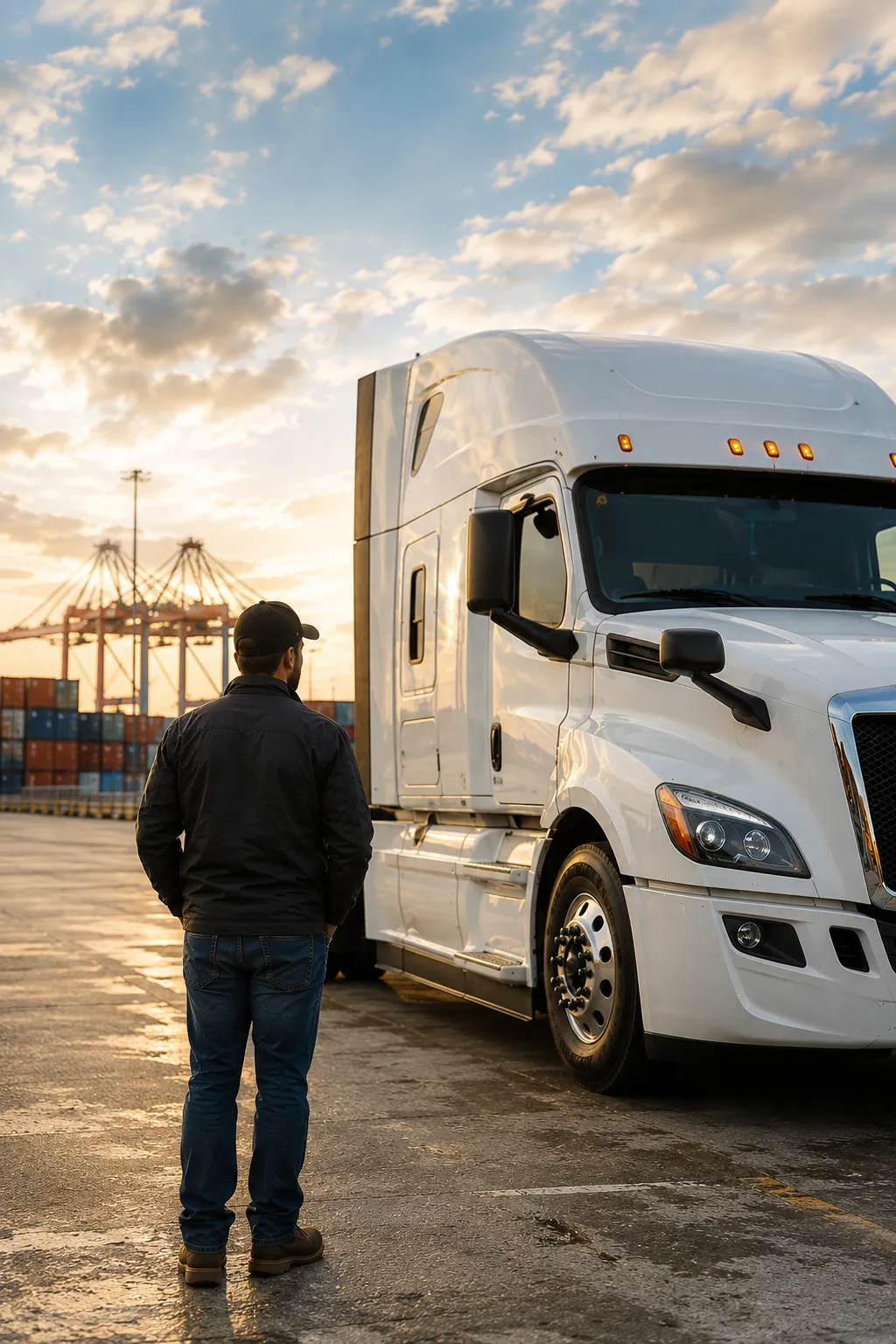 OnTrak port drayage driver beside a container chassis