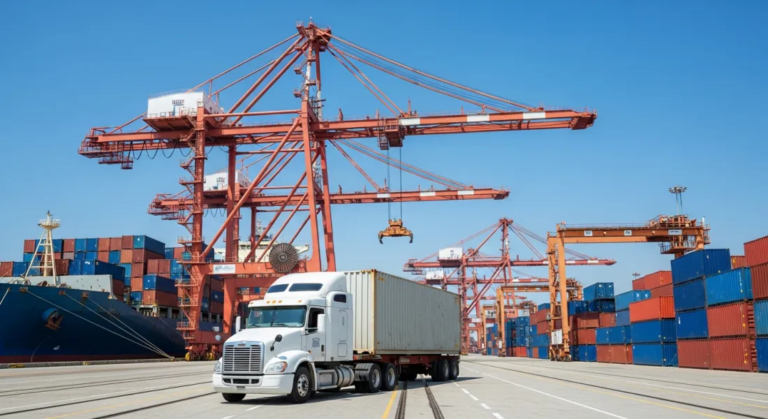 Ontrak drayage truck hauling a container at a sunny port terminal