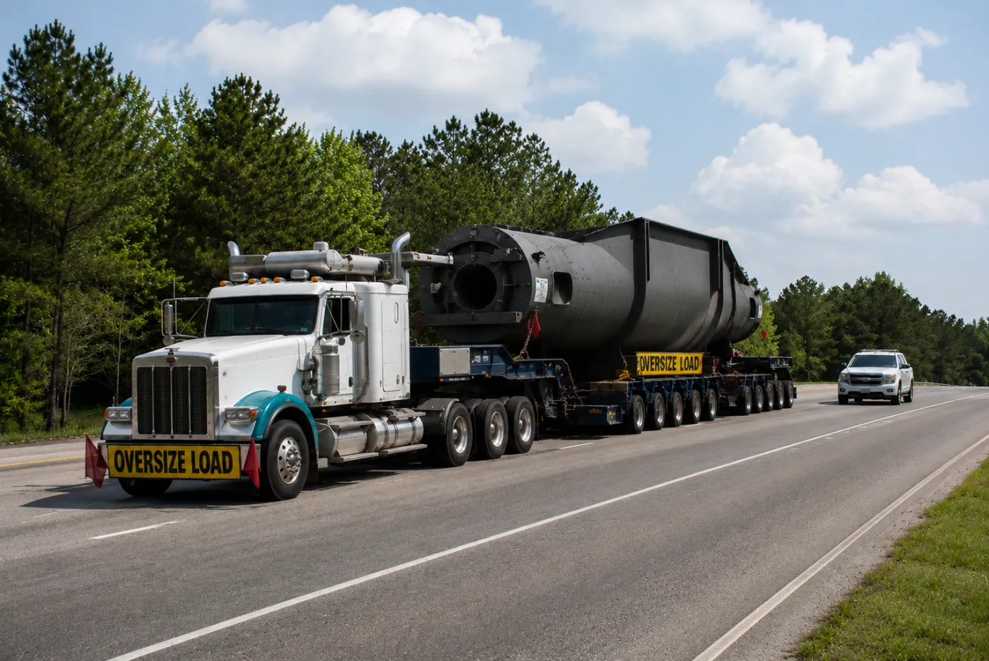 OnTrak tri-axle chassis hauling an overweight, out-of-gauge ocean container from a Florida port terminal