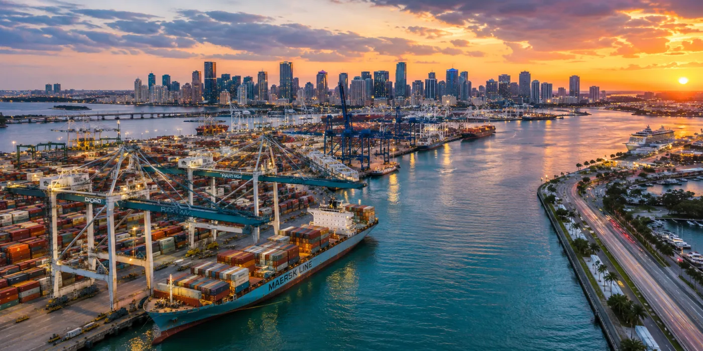 Aerial view of a Florida container port served by OnTrak Transport