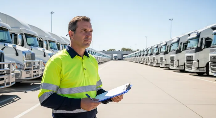 Fleet manager inspecting parked trucks