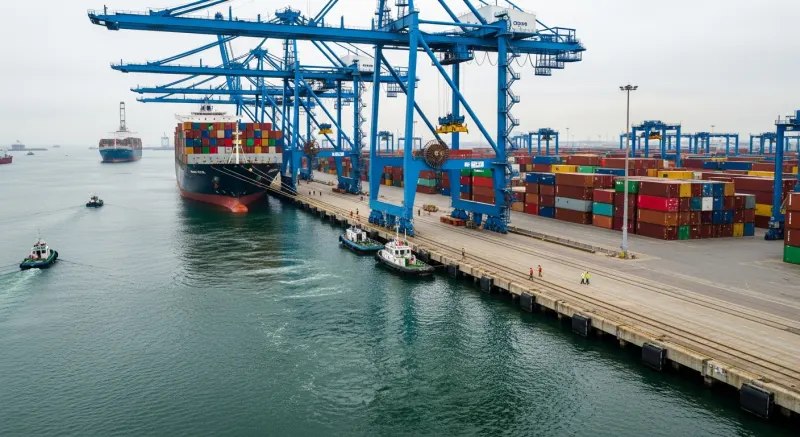 Aerial view of a container port terminal