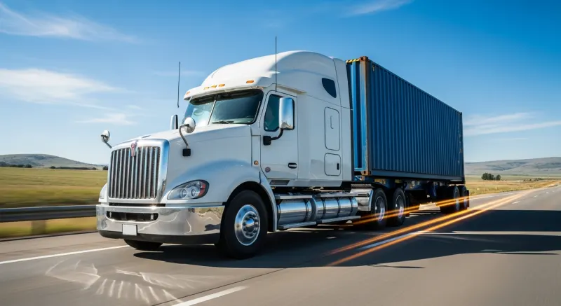 Semi-truck hauling a container on the highway